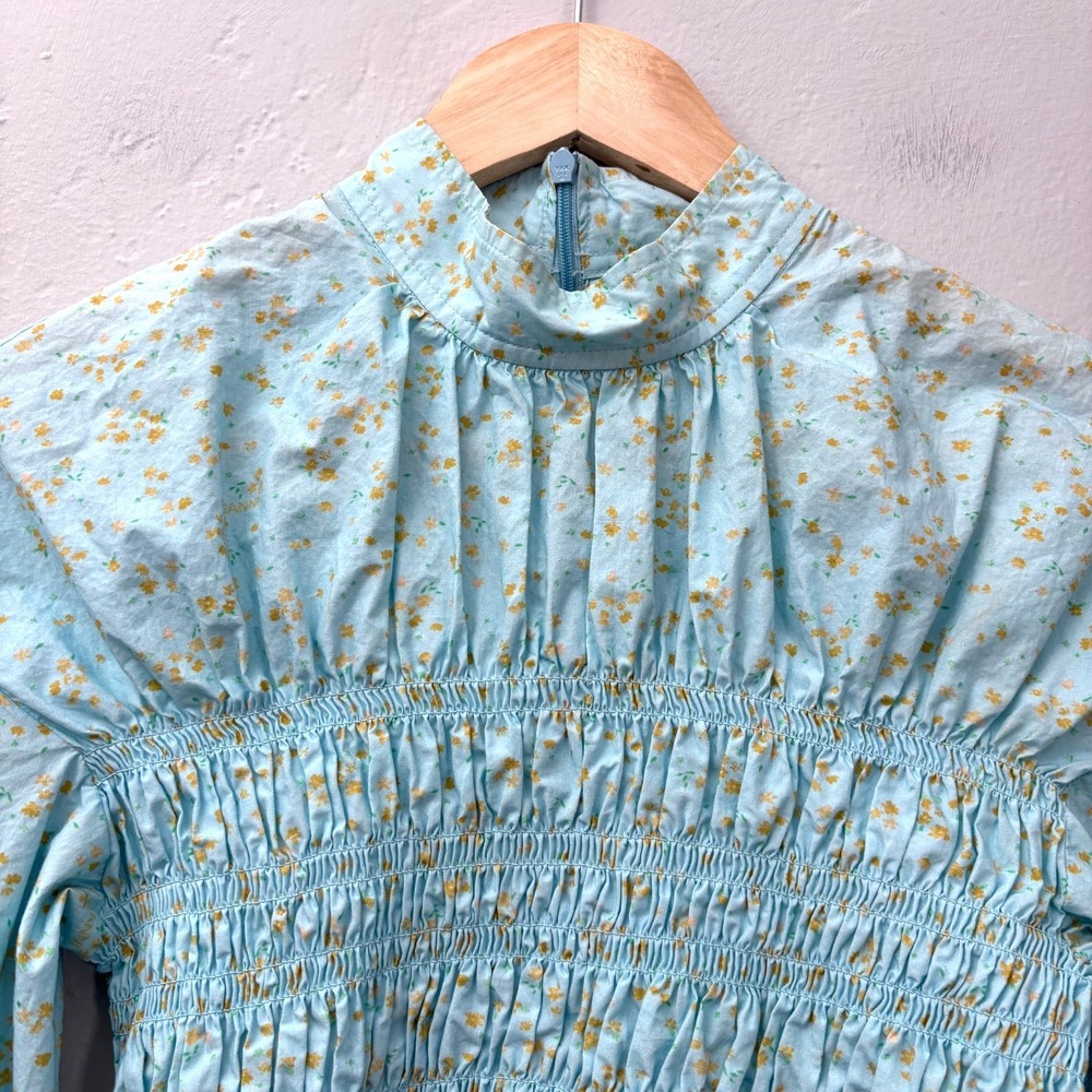 Ganni Smocked Floral Top Shirt Size 38 (US 6) Light Blue Long Sleeve Cotton Flaw - Picture 3 of 14